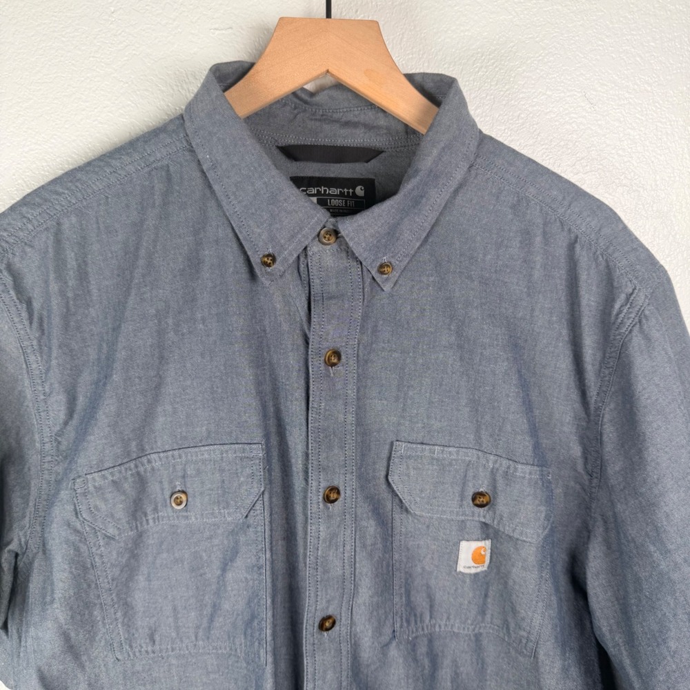 Carhartt Mens Loose Fit Short Sleeve Button Front Shirt Blue Chambray XL 104369